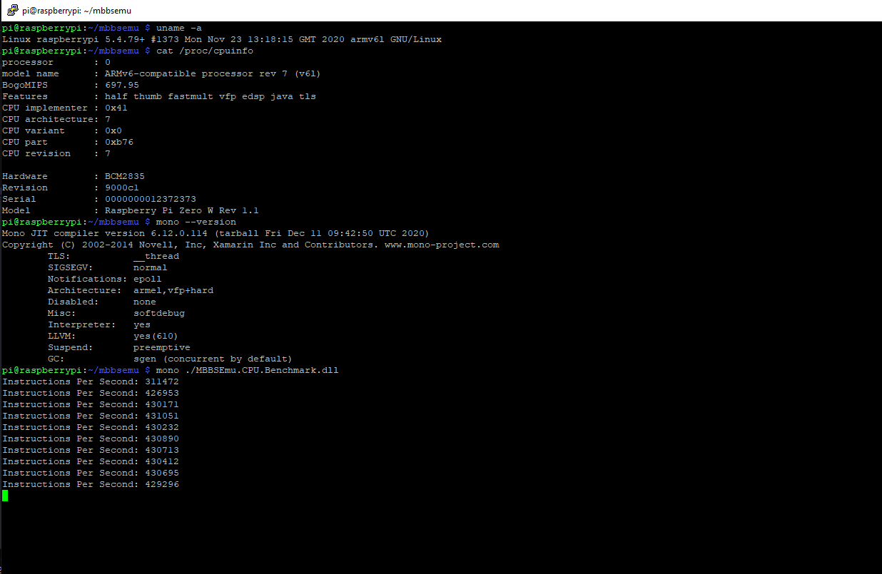 MBBSEmu Emulated x86 Benchmark running on a Raspberry Pi Zero W